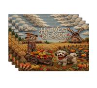 Fall Havanese Dog Placemats Set of 4, 12x18 Inch, Autumn Farmhouse Harvest 4Pcs Soft Table Mats for Home Dinning, Scarecrow Country Holiday Party Kitchen Print Pattern Decor