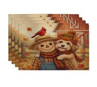 Fall Havanese Dog Placemats Set of 4, 12x18 Inch, Autumn Farmhouse Scarecrow 4Pcs Soft Table Mats for Dinning, Fun Country Pattern Holiday Home Kitchen Decor