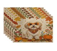 Fall Havanese Dog Placemats Set of 6, 12x18 Inch, Autumn Retro Paper Cut Craft 6Pcs Table Mats for Home Dinning, Maple Leaf Holiday Party Kitchen Decor