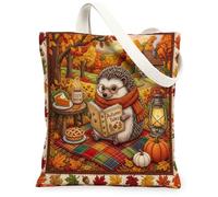 Fall Hedgehog Canvas Tote Bag for Shopping 13x15, Autumn Quilted Style Camping Reusable Grocery Print Pattern Bag for Women, Country Beach Aesthetic Painting Gift Decor