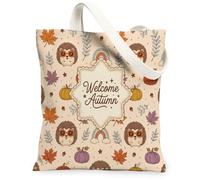 Fall Hedgehog Canvas Tote Bag for Shopping 13x15, Autumn Seamless Fun Funky Reusable Grocery Print Bag for Women, Holiday Aesthetic Painting Gift Decor