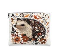 Fall Hedgehog Makeup Bag 7''x9'' for Travel Pouch, Aesthetic Retro Autumn Maple Leaf Print Cosmetic Pouch for Women Gift, Country Farm Portable Canvas Zipper Organizer