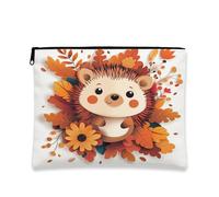 Fall Hedgehog Makeup Bag 7''x9'' for Travel Pouch, Paper Cut Craft Autumn Maple Leaf Print Cosmetic Pouch for Women Gift, Country Farm Portable Canvas Zipper Organizer