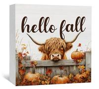Fall Highland Cow Sign - Fall Farmhouse Highland Cow Decor Decorations Gifts For Home Office,Rustic Farm Hello Autumn Pumpkin Maple Leaf Home Decor Signs,5x5 Inch