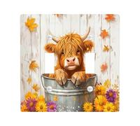 Fall Highland Cows Decorative Light Switch Cover Wall Plate 2 Gang Double Toggle, Autumn Wood Flower Leaf Electrical Faceplate for Kitchen Bathroom, Animal Switchcover Decor