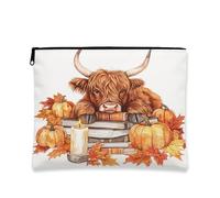 Fall Highland Cows Makeup Bag, Autumn Candle Book Pumpkin Cosmetic Travel Pouch for Women, Portable Small Canvas Zipper Organizer, Pet Toiletry Bag 7x9 Inch