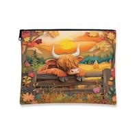 Fall Highland Cows Makeup Bag, Autumn Country Fence Printed Cosmetic Travel Pouch for Women, Pet Portable Small Canvas Zipper Organizer 7x9 Inch