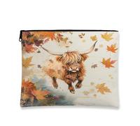 Fall Highland Cows Makeup Bag, Autumn Luxury Maple Leaf Printed Cosmetic Travel Pouch for Women Girls, Pet Portable Small Canvas Zipper Organizer 7x9 Inch