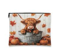 Fall Highland Cows Makeup Bag, Autumn Wood Maple Leaf Printed Cosmetic Travel Pouch for Women, Puppy Portable Small Canvas Zipper Organizer 7x9 Inch