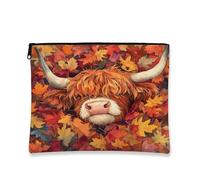 Fall Highland Cows Makeup Bag, Fun Autumn Maple Leaf Printed Cosmetic Travel Pouch for Women, Pet Portable Small Canvas Zipper Organizer 7x9 Inch
