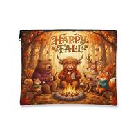 Fall Highland Cows Makeup Bag, Funny Holiday Forest Printed Cosmetic Travel Pouch for Women Girls, Autumn Portable Small Canvas Zipper Organizer 7x9 Inch
