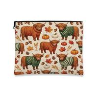 Fall Highland Cows Makeup Bag, Holiday Crops Maple Printed Cosmetic Travel Pouch for Women, Autumn Portable Small Canvas Zipper Organizer 7x9 Inch