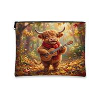 Fall Highland Cows Makeup Bag, Holiday Forest Guitar Printed Cosmetic Travel Pouch for Women, Autumn Portable Small Canvas Zipper Organizer 7x9 Inch