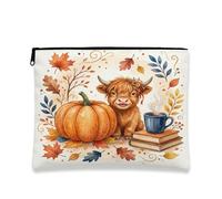 Fall Highland Cows Makeup Bag, Holiday Maple Coffee Cosmetic Travel Pouch for Women, Gifts for Girls, Autumn Portable Small Canvas Zipper Organizer 7x9 Inch
