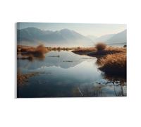 Fall Hill Wall Decor Poster, Tranquil Lake And Mountains Framed Canvas Wall Art for Bathroom Kid's Room, Funny Autumn Landscape Artworks, Thanks Giving Gifts, 28x43CM