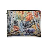 Fall Hippos Makeup Bag, Autumn Woodland Waterfall Cosmetic Travel Pouch for Women, Portable Small Canvas Zipper Organizer, Animal Toiletry Bag 7x9 Inch