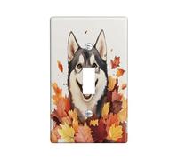 Fall Husky Dog Decorative Light Switch Cover Wall Plate 1 Gang Single Toggle, Fun Autumn Maple Leaves Puppy Electrical Faceplate for Room, Weird Cute Pet Switchcover Switchplate