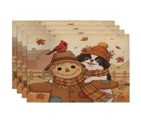 Fall Japanese Chin Dog Placemats Set of 4, 12x18 Inch, Autumn Farmhouse Scarecrow 4Pcs Soft Table Mats for Dinning, Fun Country Pattern Holiday Home Kitchen Decor