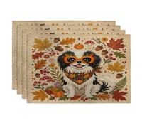 Fall Japanese Chin Dog Placemats Set of 4, 12x18 Inch, Autumn Retro Paper Cut Craft 4Pcs Table Mats for Home Dinning, Maple Leaf Holiday Party Kitchen Decor