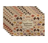 Fall Japanese Chin Dog Placemats Set of 6, 12x18 Inch, Autumn Seamless Fun Funky 6Pcs Table Mats for Home Dinning, Holiday Holiday Party Kitchen Print Pattern Decor