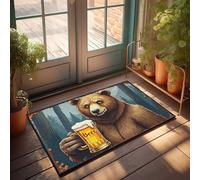 Fall Kitchen Mats For Floor Grizzly Bear Enjoying A Frosty Mug Of Beer In The Wilderness Doormat Front Door Decor Retro Rug(65X90CM)