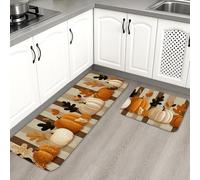 Fall Kitchen Mats for Floor, Pumpkin Patch Rustic Cozy Mats, Cushioned Comfort Washable Non Slip Decor Rugs for Kitchen Sinks Laundryroom Bathroom 2PCS