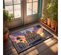 Fall Kitchen Mats For Floor Vintage Car In Front Of Grand Cathedral At Sunset Doormat Front Door Decor Retro Rug(50X80CM)