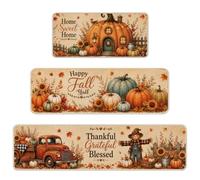 Fall Kitchen Rugs Set of 3 - Scarecrow Truck Washable Kitchen Mats for Floor with Silicone Backing, Thanksgiving Runner Rug for Sink Laundry Entryway, Autumn Farmhouse Decor, 15.7 x 31.5/47.2/59 in