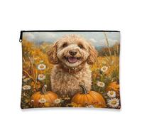 Fall Labradoodle Dog Makeup Bag 7x9 Inch for Travel Pouch, Country Autumn Pumpkin Toiletry Cosmetic Pouch for Women, Oil Painting Fields Portable Canvas Zipper Organizer