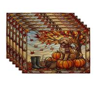 Fall Labradoodle Dog Placemats Set of 6, 12 * 18, Stained Glass Autumn Pumpkin 4Pcs Print Table Mats for Dinning, Harvest Holiday Home Kitchen Decor