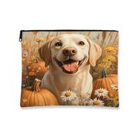Fall Labrador Retriever Dog Makeup Bag 7x9 Inch for Travel Pouch, Country Autumn Pumpkin Toiletry Cosmetic Pouch for Women, Oil Painting Fields Portable Canvas Zipper Organizer