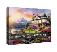 Fall Lake House Puzzle for Adults 1000 Piece, Autumn Country Flower Landscape Jigsaw Puzzle, Sunset Cabin Mountain Dog Puzzle
