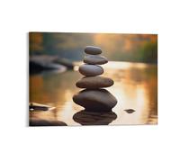 Fall Lake Wall Decor Poster, Stacked Rocks on Clear River Framed Canvas Wall Art for Bathroom Kid's Room, Funny Autumnal Sunset Artworks, Thanks Giving Gifts, 45x60CM