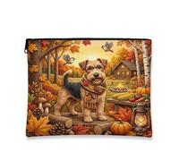 Fall Lakeland Terrier Dog Makeup Bag, Camping Barbecue Printed Cosmetic Travel Pouch for Women, Autumn Portable Small Canvas Zipper Organizer 7x9 Inch