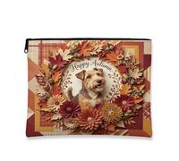 Fall Lakeland Terrier Dog Makeup Bag, Holiday Floral Leaf Printed Cosmetic Travel Pouch for Women, Autumn Portable Small Canvas Zipper Organizer 7x9 Inch