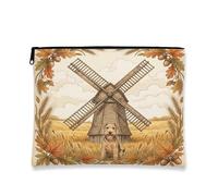 Fall Lakeland Terrier Dog Makeup Bag, Holiday Vintage Windmill Printed Cosmetic Travel Pouch for Women Girls, Autumn Portable Small Canvas Zipper Organizer 7x9 Inch