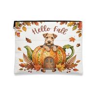 Fall Lakeland Terrier Dog Makeup Bag, Holiday Wood Leaf Printed Cosmetic Travel Pouch for Women, Autumn Portable Small Canvas Zipper Organizer 7x9 Inch