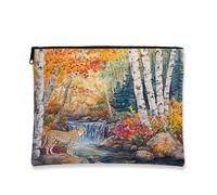 Fall Leopards Makeup Bag, Autumn Woodland Waterfall Cosmetic Travel Pouch for Women, Portable Small Canvas Zipper Organizer, Cheetahs Toiletry Bag 7x9 Inch