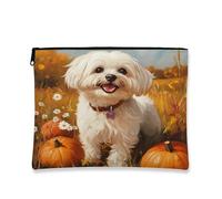 Fall Maltese Dog Makeup Bag 7x9 Inch for Travel Pouch, Country Autumn Pumpkin Toiletry Cosmetic Pouch for Women, Oil Painting Fields Portable Canvas Zipper Organizer