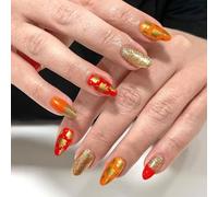 Fall Maple Leaves Almond Fake with Glitters Desigsn Thanksgiving False Autumn Stick on Fall Maple Leaves Fall Maple Leaves French Tip Fake Nails Glues on