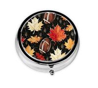 Fall Maple Leaves American Football Round Pill Box with 3 Compartments, Mini Metal Pill Organizer for Purse or Pocket, Lightweight Portable for Daily Use Gifts Travel