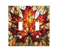 Fall Maple Leaves Decorative Switch Cover 2 Gang Double Toggle, Autumn Stained Glass Wall Plate Cover, Standard Size, Fun Plant Cool Electrical Faceplate for Bedroom Living Room Decor