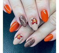 Fall Maple Leaves Press On Nails Almond Fake Nails With Glitters Desigsn Thanksgiving False Autumn Stick On Fall Maple Leaf Press Nail