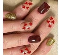 Fall Maple Leaves Press On Stakes Short Square Thanksgiving False Nails Autumn Stick On Nails For Celebrations 24Pcs Easy Apply Rose Fraudulent Hoofs