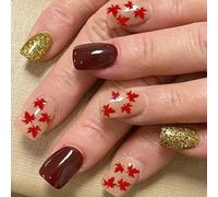Fall Maple Leaves Press On Stakes Short Square Thanksgiving False Nails Autumn Stick On Nails For Celebrations 24Pcs Casual Fit Artificial Hoofs