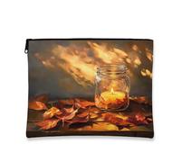 Fall Mason Jar Candle Makeup Bag, Autumn Rustic Leaves Cosmetic Travel Pouch for Women, Portable Small Canvas Zipper Organizer, Farmhouse Toiletry Bag 7x9 Inch