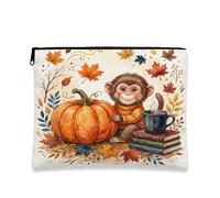 Fall Monkey Makeup Bag, Holiday Maple Coffee Cosmetic Travel Pouch for Women, Gifts for Girls, Autumn Portable Small Canvas Zipper Organizer 7x9 Inch