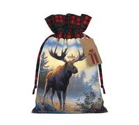 Fall Moose Deer Christmas Drawstring Linen Gift Bag Paired With Scottish Plaid Fabric, With A Delicate And Simple Texture