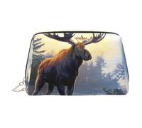 Fall Moose Deer Print Leather Cosmetic Pouch, Leather Makeup Bag for Purse with Top Zip Closure Stylish Toiletry Bag