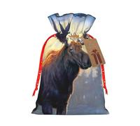 Fall Moose Deer Printing Drawstring Christmas Bag With Kraft Tag 4.7x6.9 Inch For Halloween Wrapping Gifts